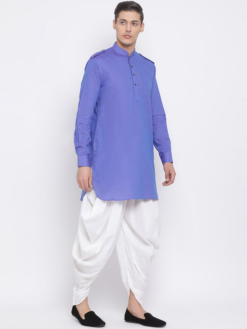 Vastramay Men's Purple Cotton Blend Kurta and White Dhoti Set